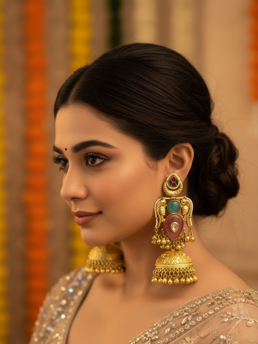 Gorgeous Antique Gold Pink Monalisa-Chalcedony-Multi Color Glass Polki Jhumka Earrings.