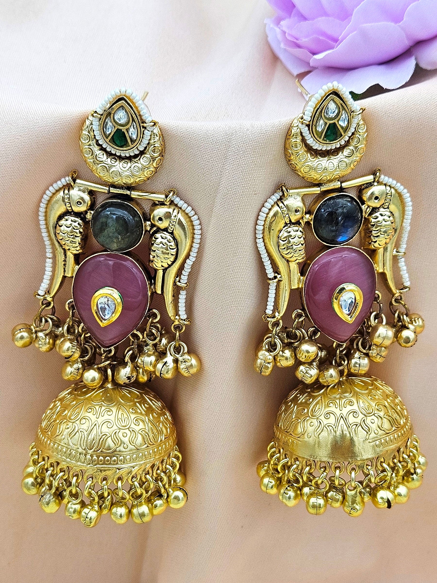 Gorgeous Antique Gold Pink Monalisa-Labradorite-Multi Color Glass Polki Jhumka Earrings.