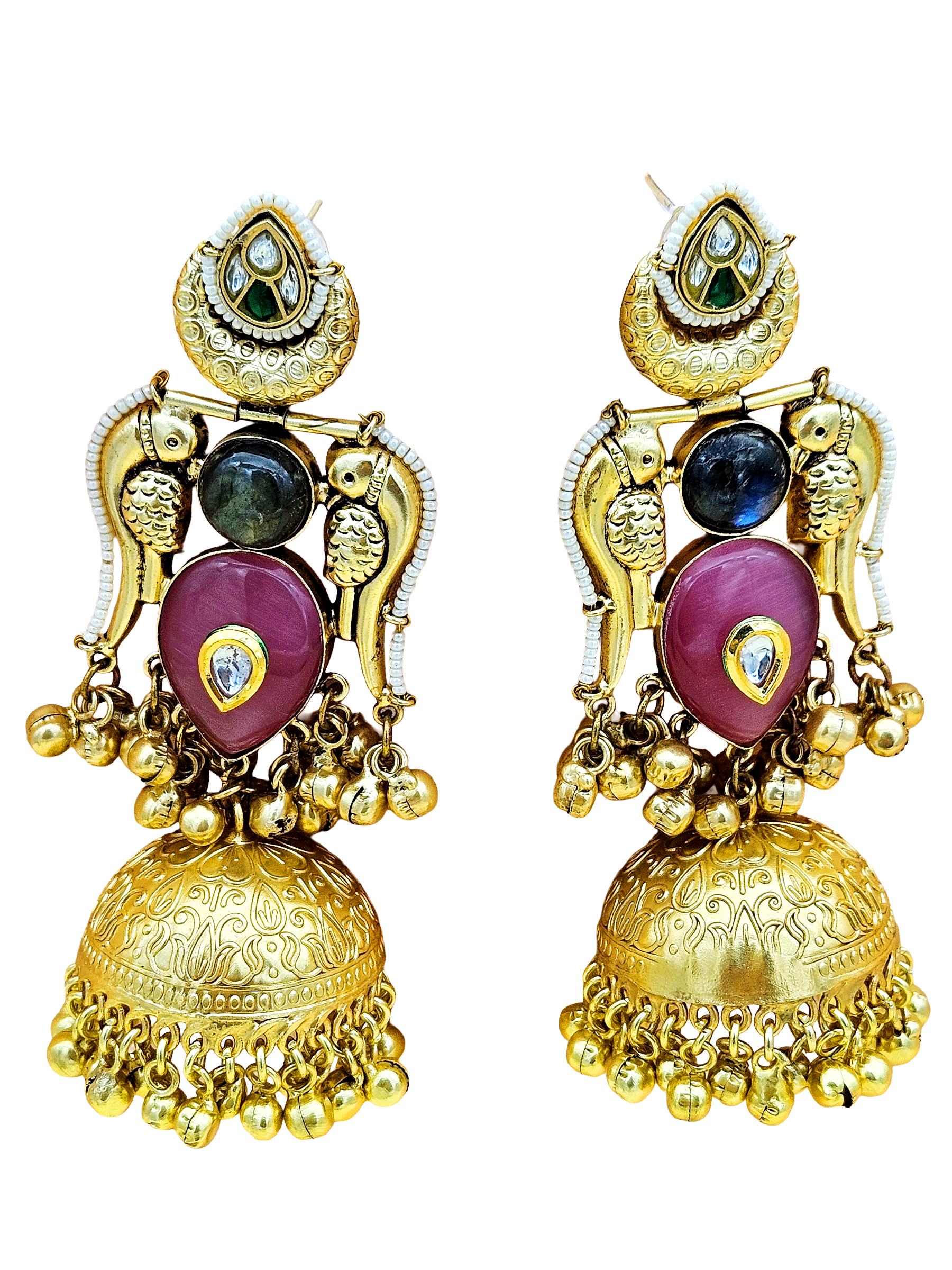 Gorgeous Antique Gold Pink Monalisa-Labradorite-Multi Color Glass Polki Jhumka Earrings.