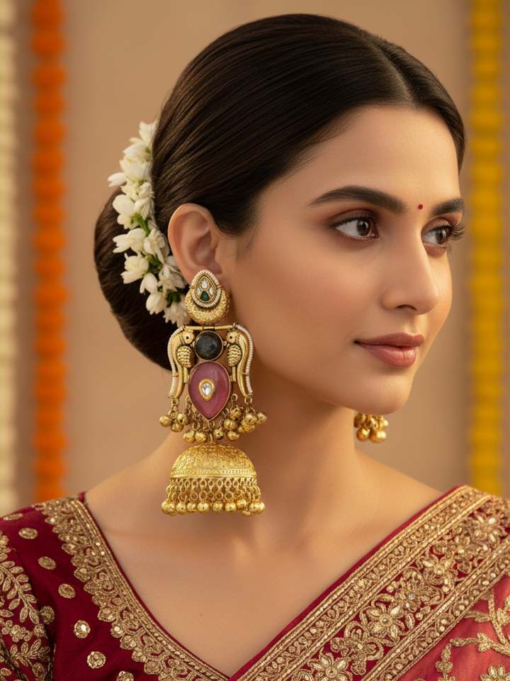 Gorgeous Antique Gold Pink Monalisa-Labradorite-Multi Color Glass Polki Jhumka Earrings.