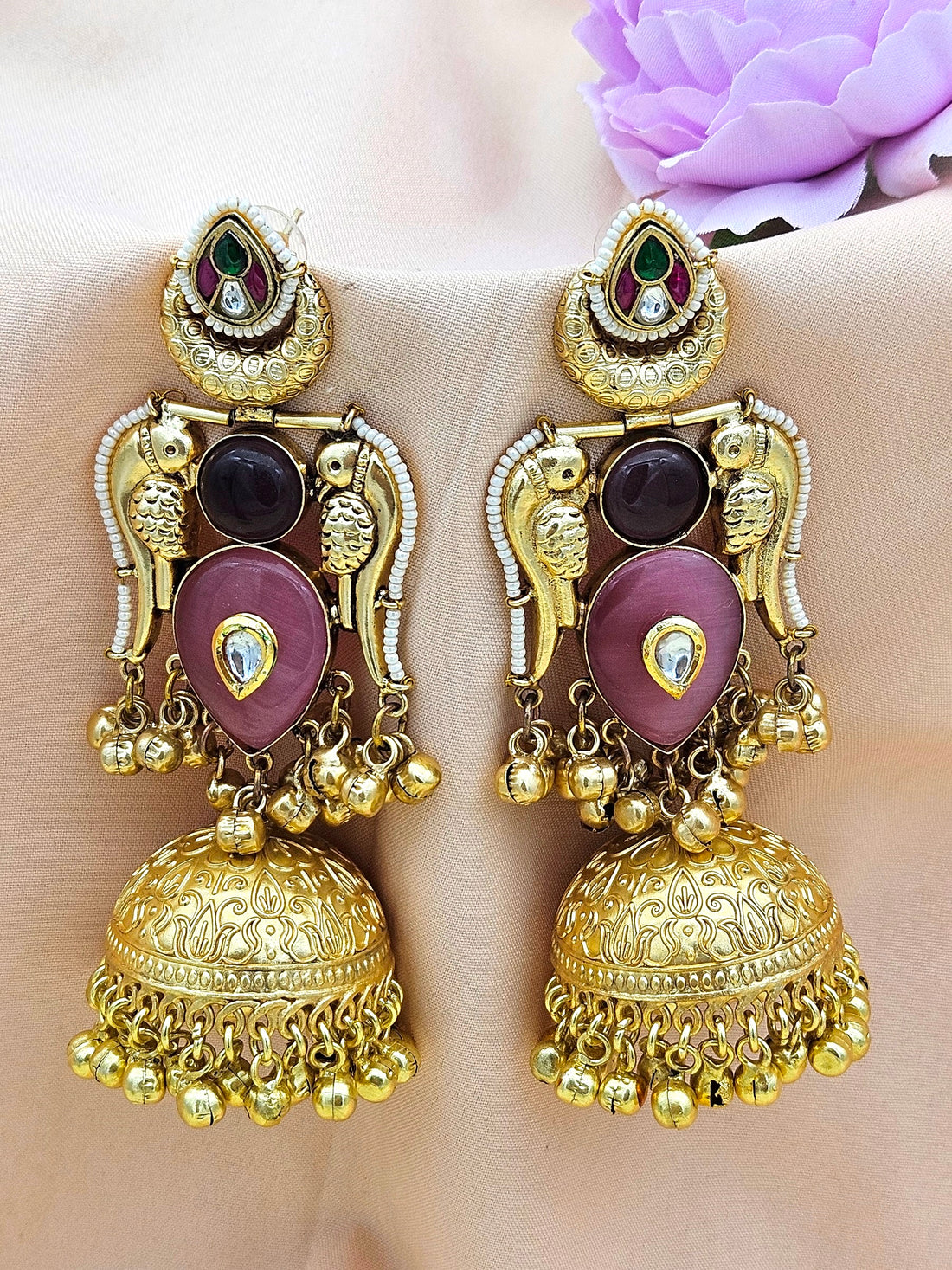Gorgeous Antique Gold Pink Monalisa-Amethyst-Multi Color Glass Polki Jhumka Earrings.