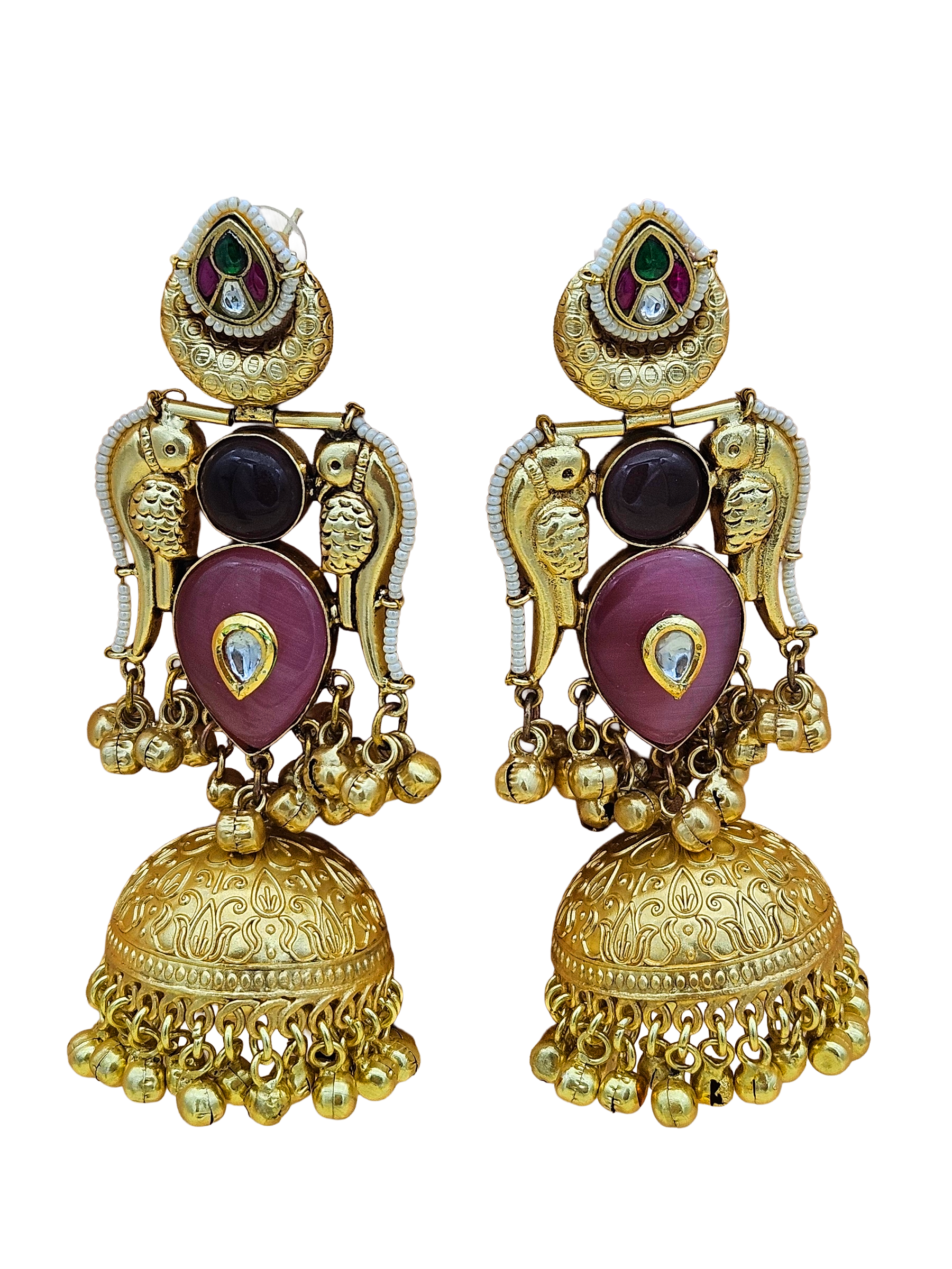 Gorgeous Antique Gold Pink Monalisa-Amethyst-Multi Color Glass Polki Jhumka Earrings.