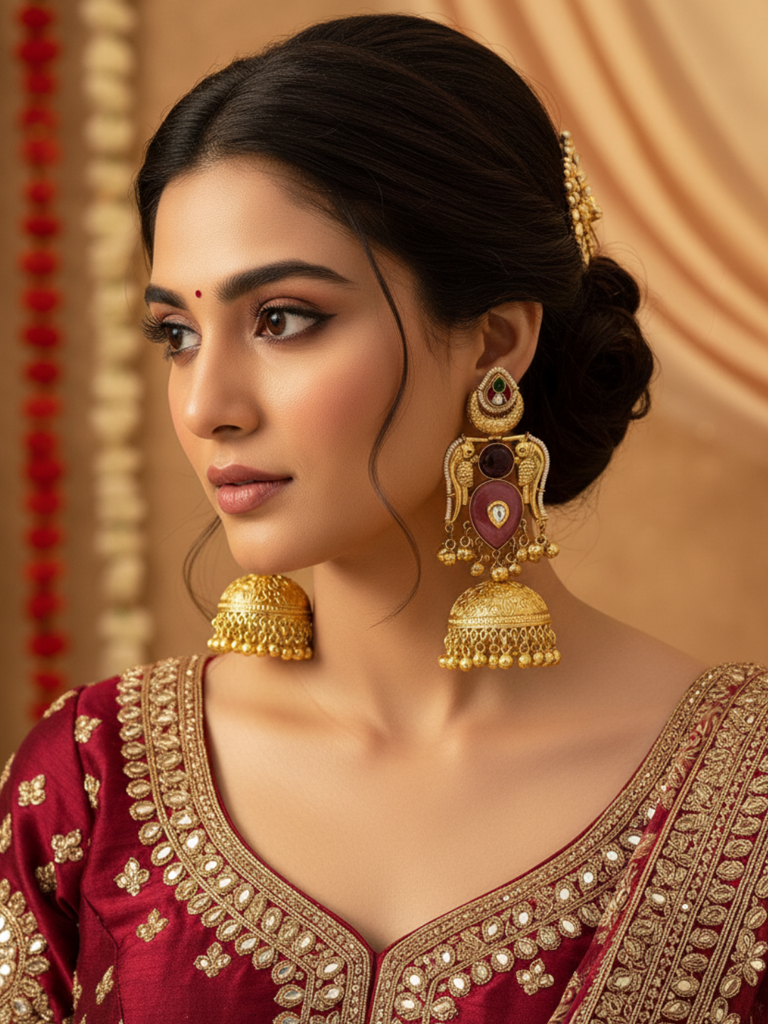 Gorgeous Antique Gold Pink Monalisa-Amethyst-Multi Color Glass Polki Jhumka Earrings.