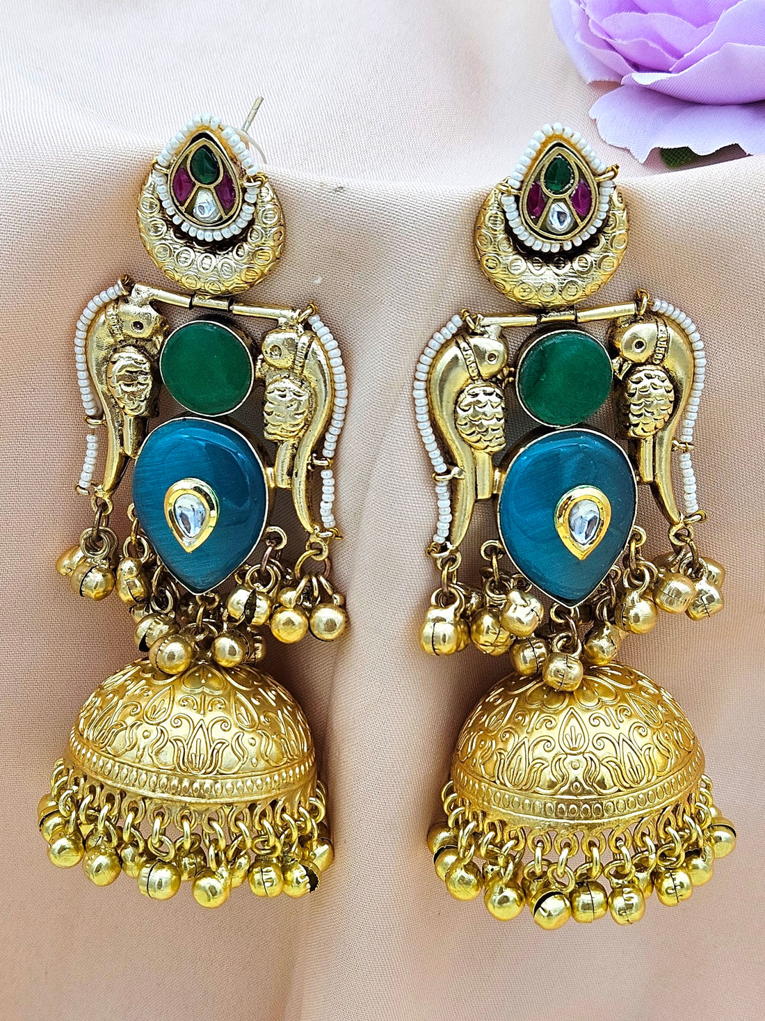 Gorgeous Antique Gold Blue Monalisa-Green Onyx-Multi Color Glass Polki Jhumka Earring
