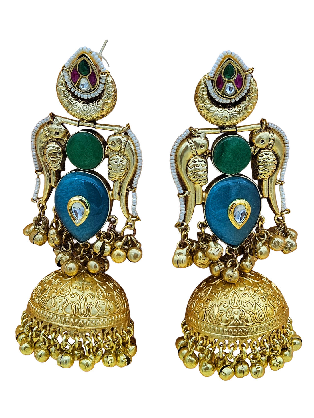 Gorgeous Antique Gold Blue Monalisa-Green Onyx-Multi Color Glass Polki Jhumka Earring