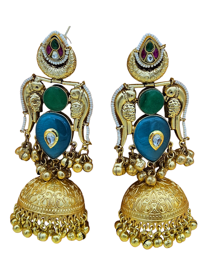 Gorgeous Antique Gold Blue Monalisa-Green Onyx-Multi Color Glass Polki Jhumka Earring