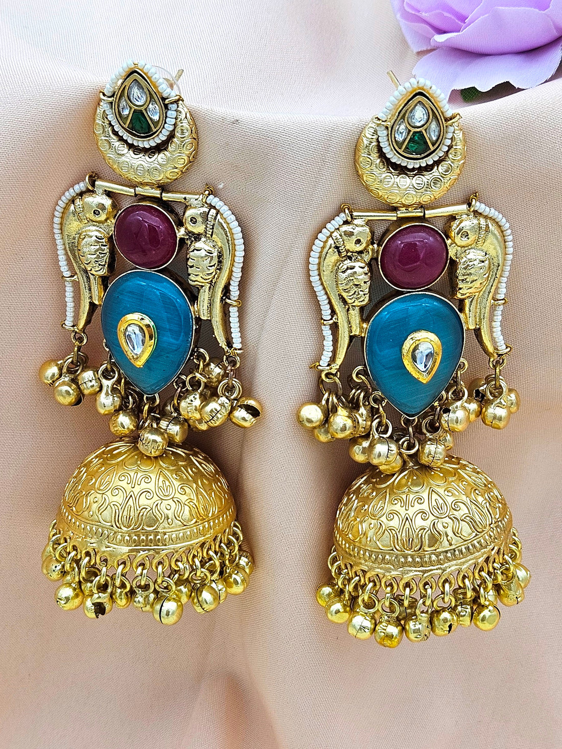 Gorgeous Antique Gold Blue Monalisa-Magenta Onyx-Multi Color Glass Polki Jhumka Earrings.
