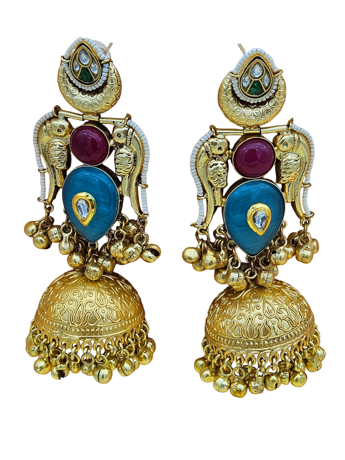 Gorgeous Antique Gold Blue Monalisa-Magenta Onyx-Multi Color Glass Polki Jhumka Earrings.