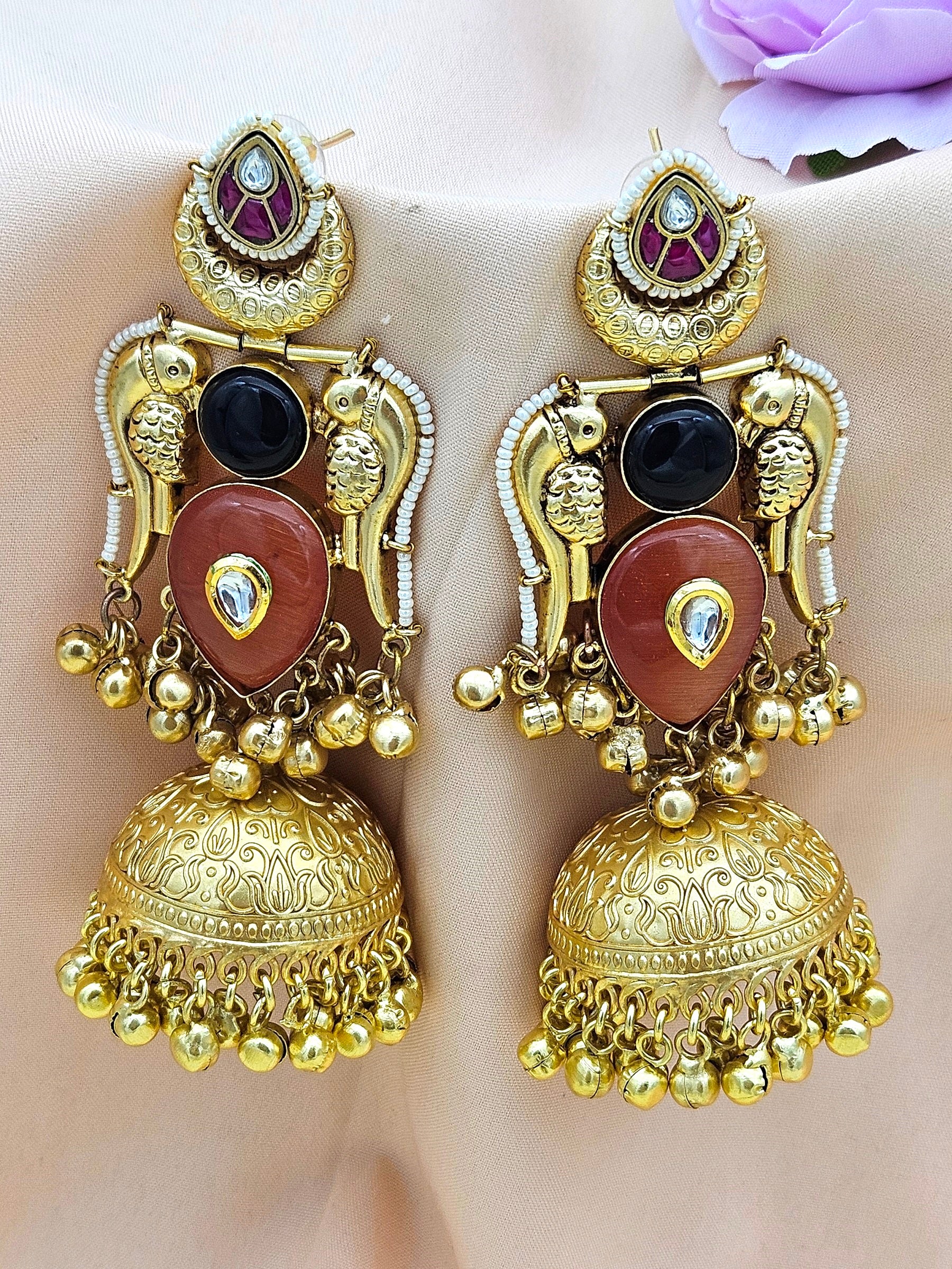 Gorgeous Antique Gold Yellow Chalcedony-Black Onyx-Multi Color Glass Polki Jhumka Earrings.