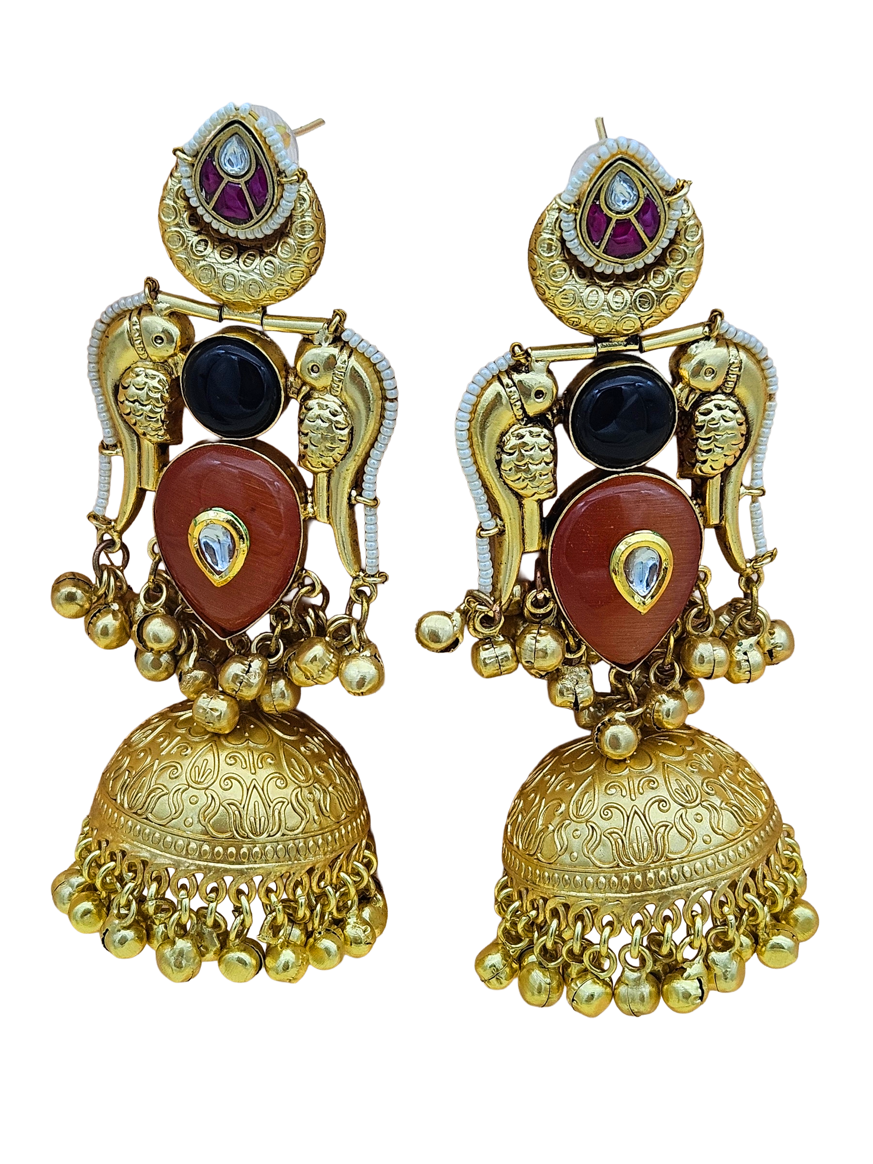 Gorgeous Antique Gold Yellow Chalcedony-Black Onyx-Multi Color Glass Polki Jhumka Earrings.