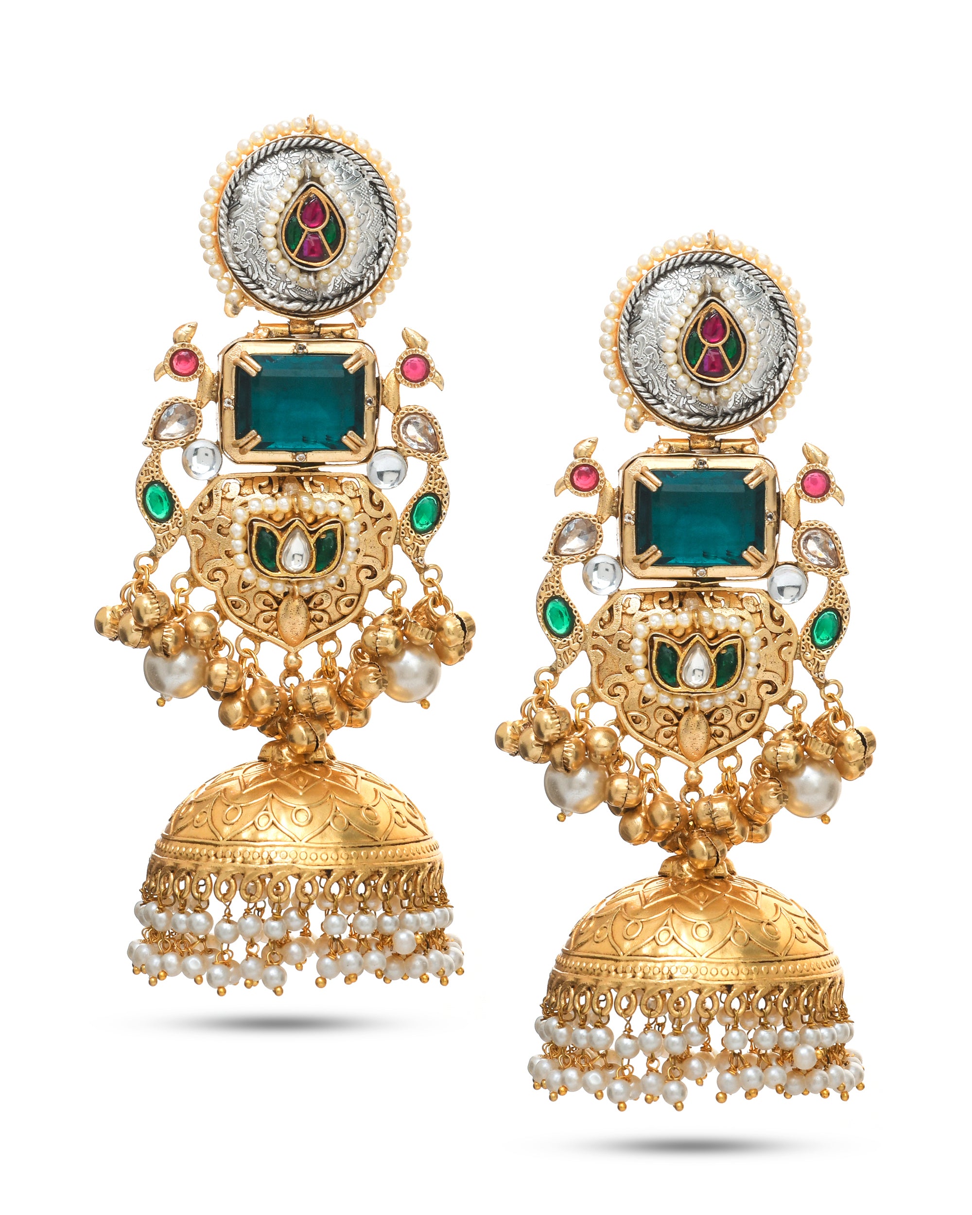 Antique gold jhumka earrings with colorful Kundan Polki stones styled with traditional ethnic wear

