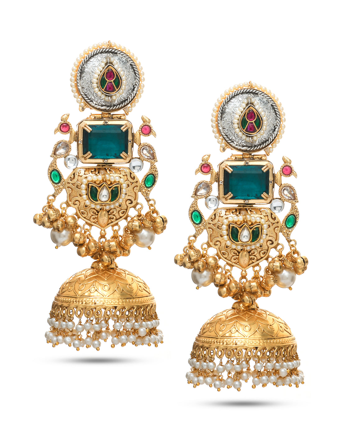 Antique gold jhumka earrings with colorful Kundan Polki stones styled with traditional ethnic wear
