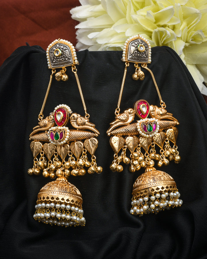 Sleek Antique Gold Red & Green Color Glass Stone-Polki Dangle Drop Jhumka Earrings.