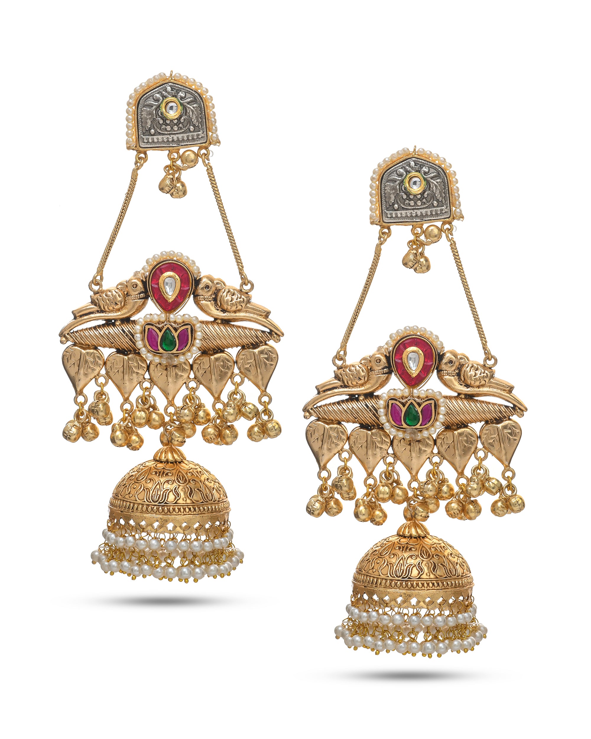 Sleek Antique Gold Red & Green Color Glass Stone-Polki Dangle Drop Jhumka Earrings.