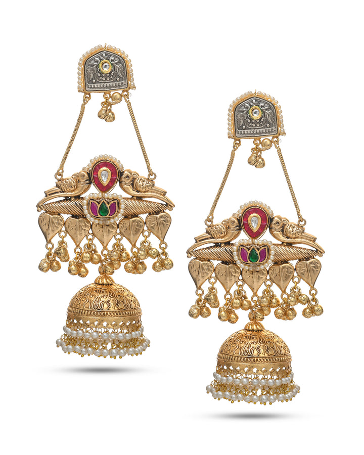 Sleek Antique Gold Red & Green Color Glass Stone-Polki Dangle Drop Jhumka Earrings.