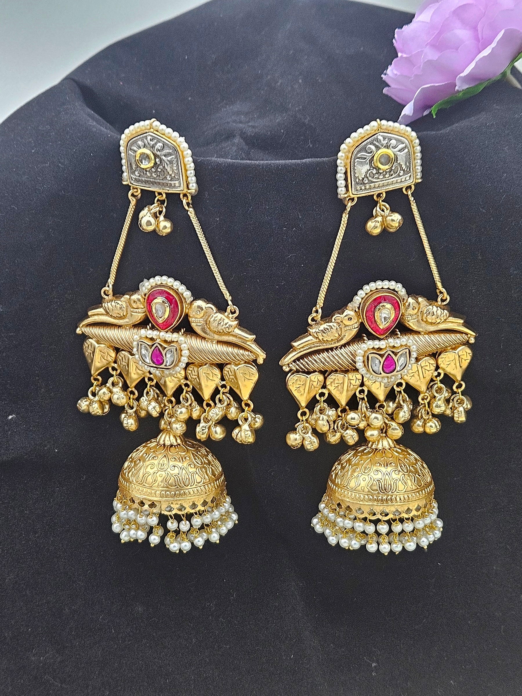 Sleek Antique Gold Red & White Color Glass Stone-Polki Dangle Drop Jhumka Earrings.