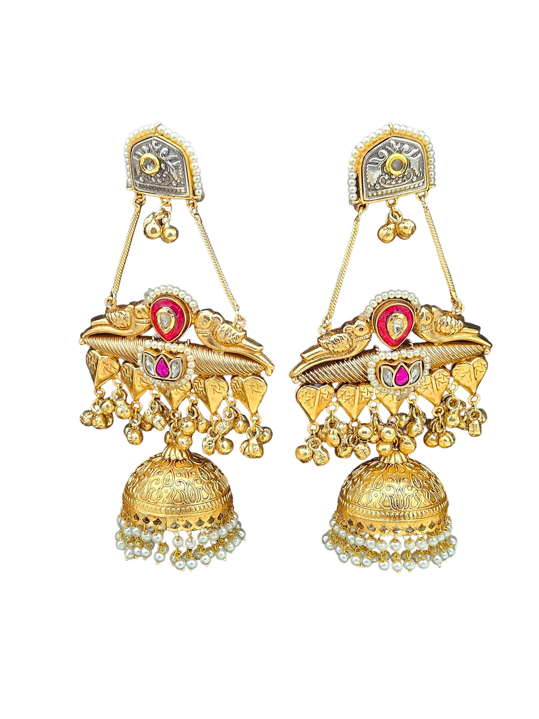 Sleek Antique Gold Red & White Color Glass Stone-Polki Dangle Drop Jhumka Earrings.