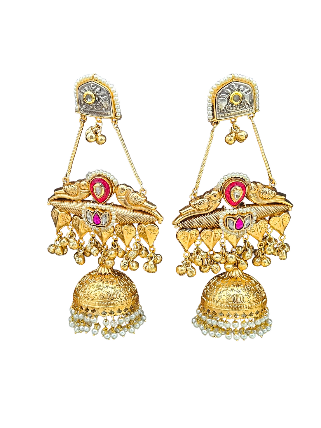 Sleek Antique Gold Red & White Color Glass Stone-Polki Dangle Drop Jhumka Earrings.