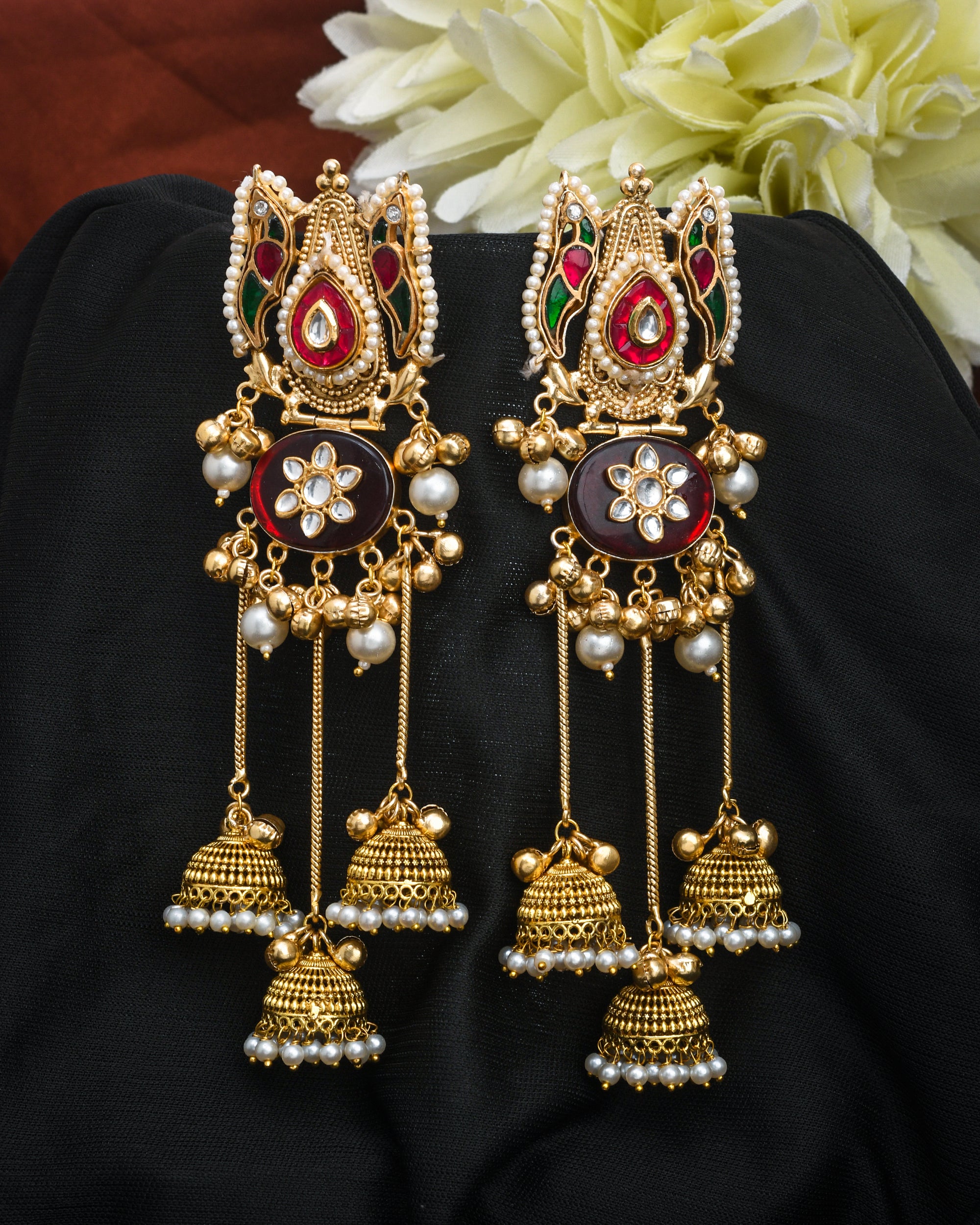 Amazing Antique Gold Red Monalisa -Green-Red Glass Polky-Pearl  long Jhumka Earring