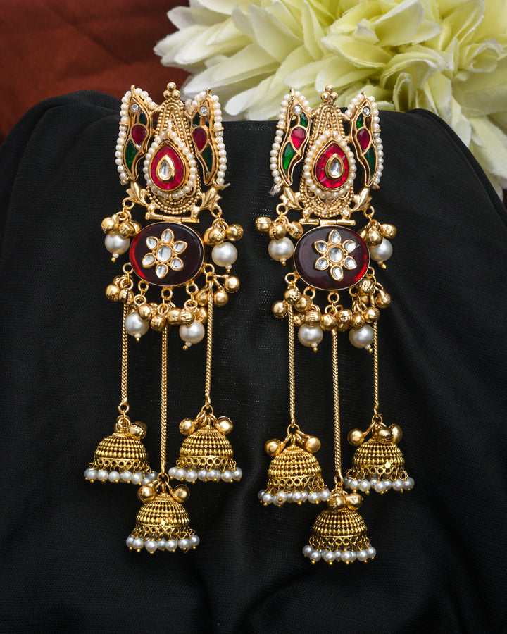 Amazing Antique Gold Red Monalisa -Green-Red Glass Polky-Pearl  long Jhumka Earring