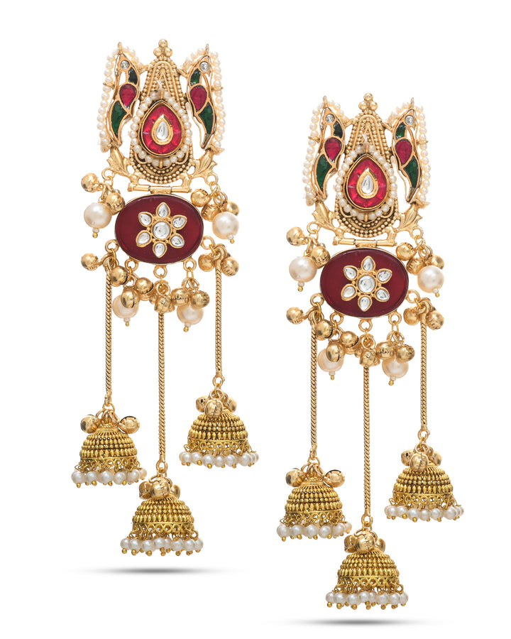 Amazing Antique Gold Red Monalisa -Green-Red Glass Polky-Pearl  long Jhumka Earring