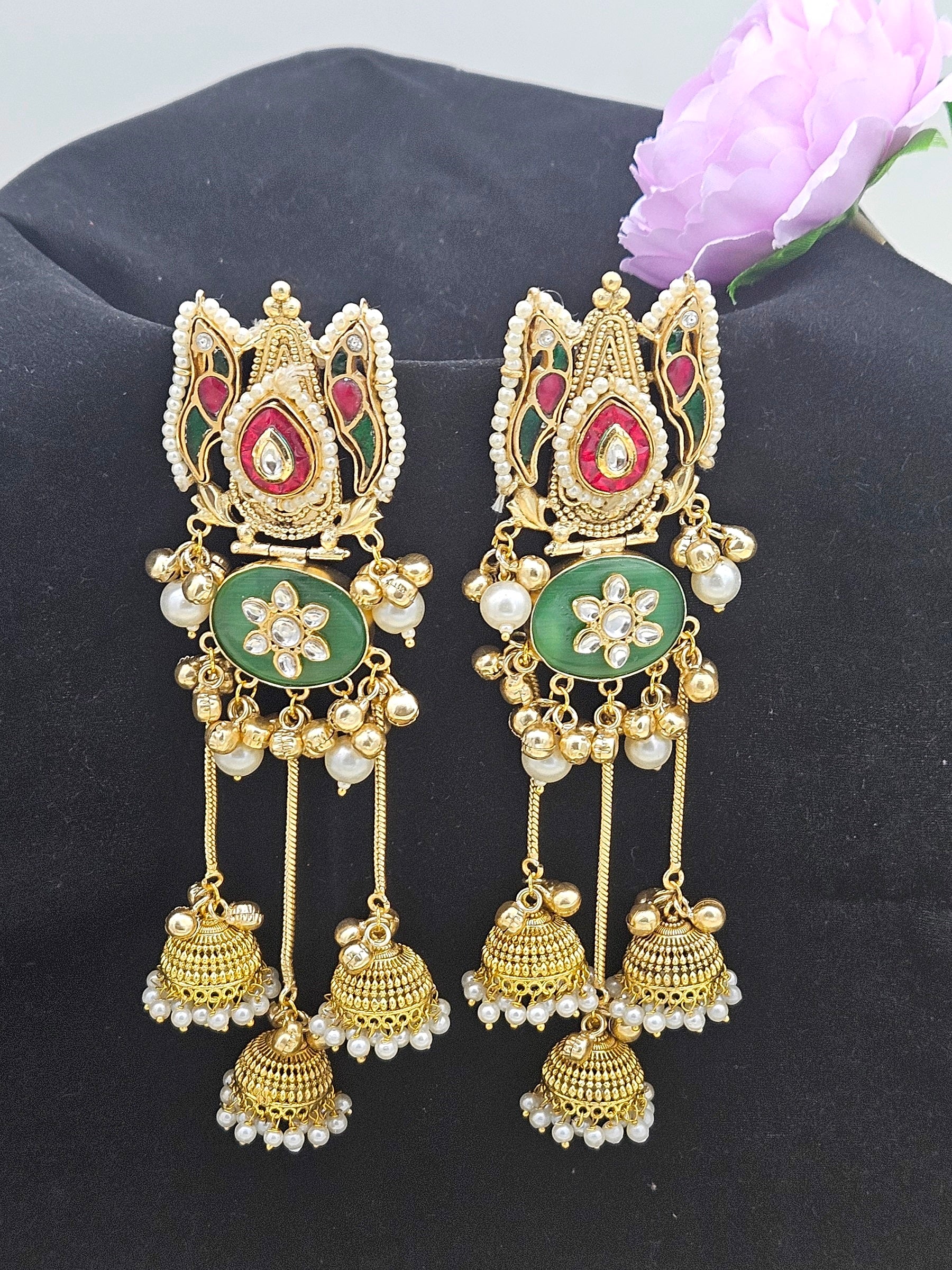 Amazing Antique Gold Green Monalisa -Green-Red Glass Polky-Pearl  long Jhumka Earring