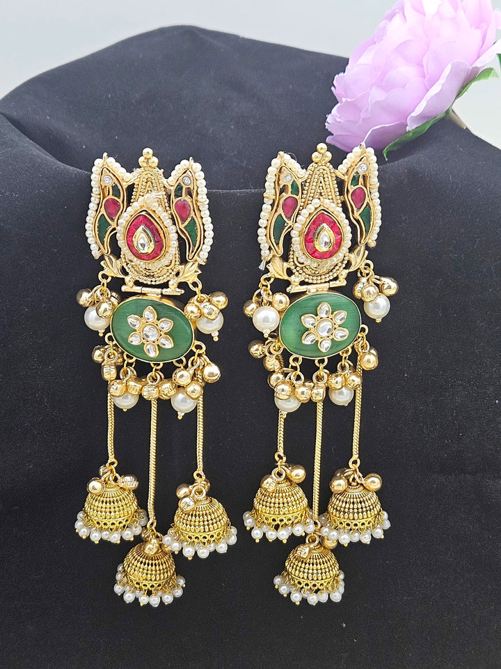 Amazing Antique Gold Green Monalisa -Green-Red Glass Polky-Pearl  long Jhumka Earring