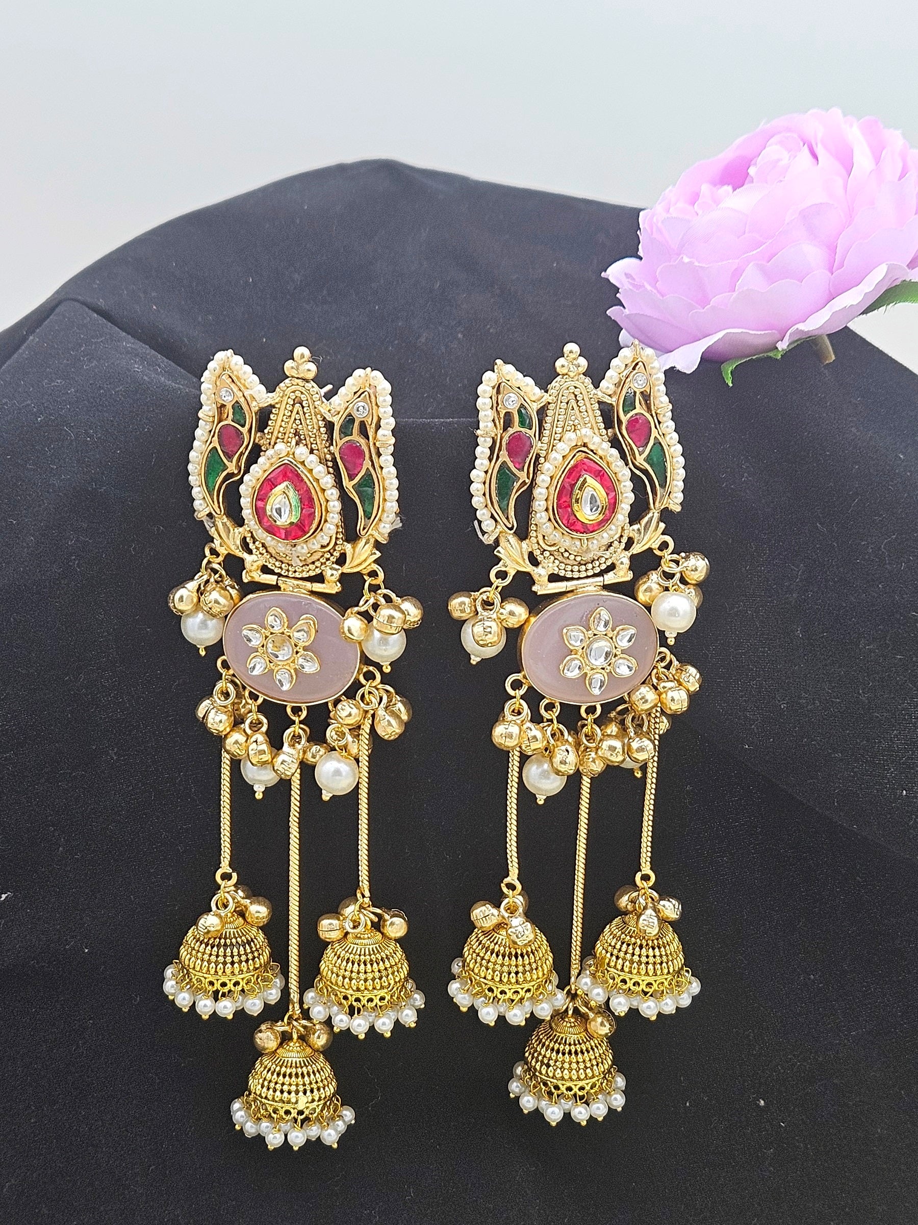 Amazing Antique Gold Pink Monalisa -Green-Red Glass Polky-Pearl  long Jhumka Earring