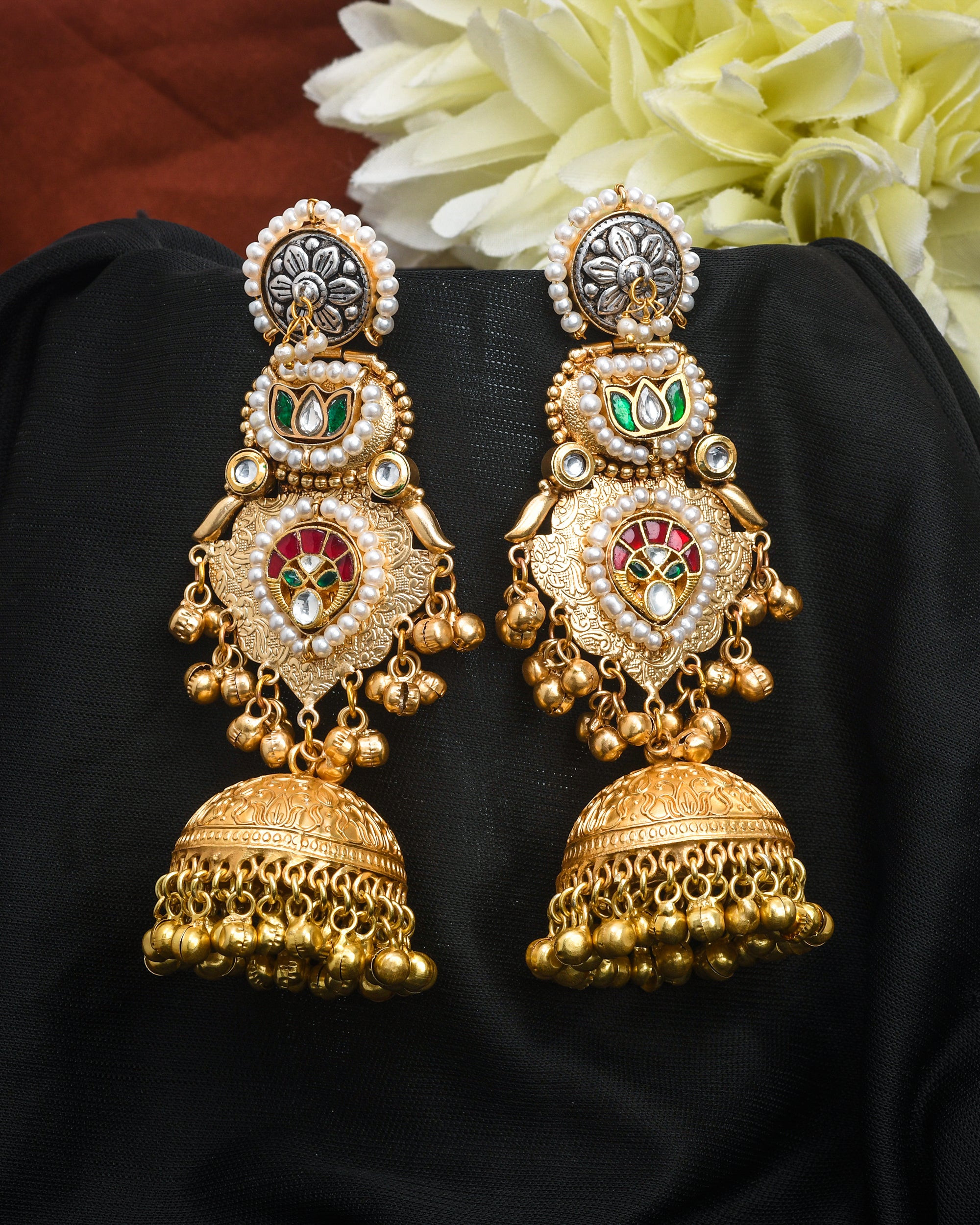 Antique gold Kundan Polki jhumka earrings with pearls and multi-color stones – elegant traditional jewelry
