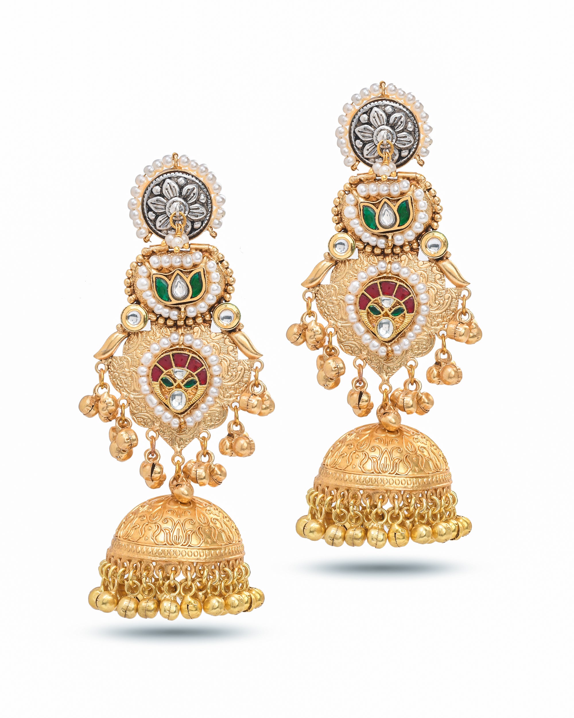 Antique gold jhumka earrings with Kundan Polki and multi-color stones, paired with traditional attire for a festive look
