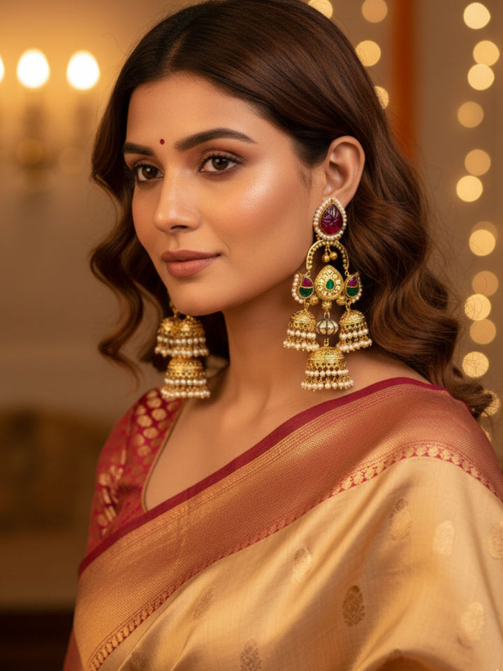 Gorgeous Antique Gold Red Color Caving Stone - Bras Kundan with Green Red White Glass Polky- Pearl Jhumka Earring.