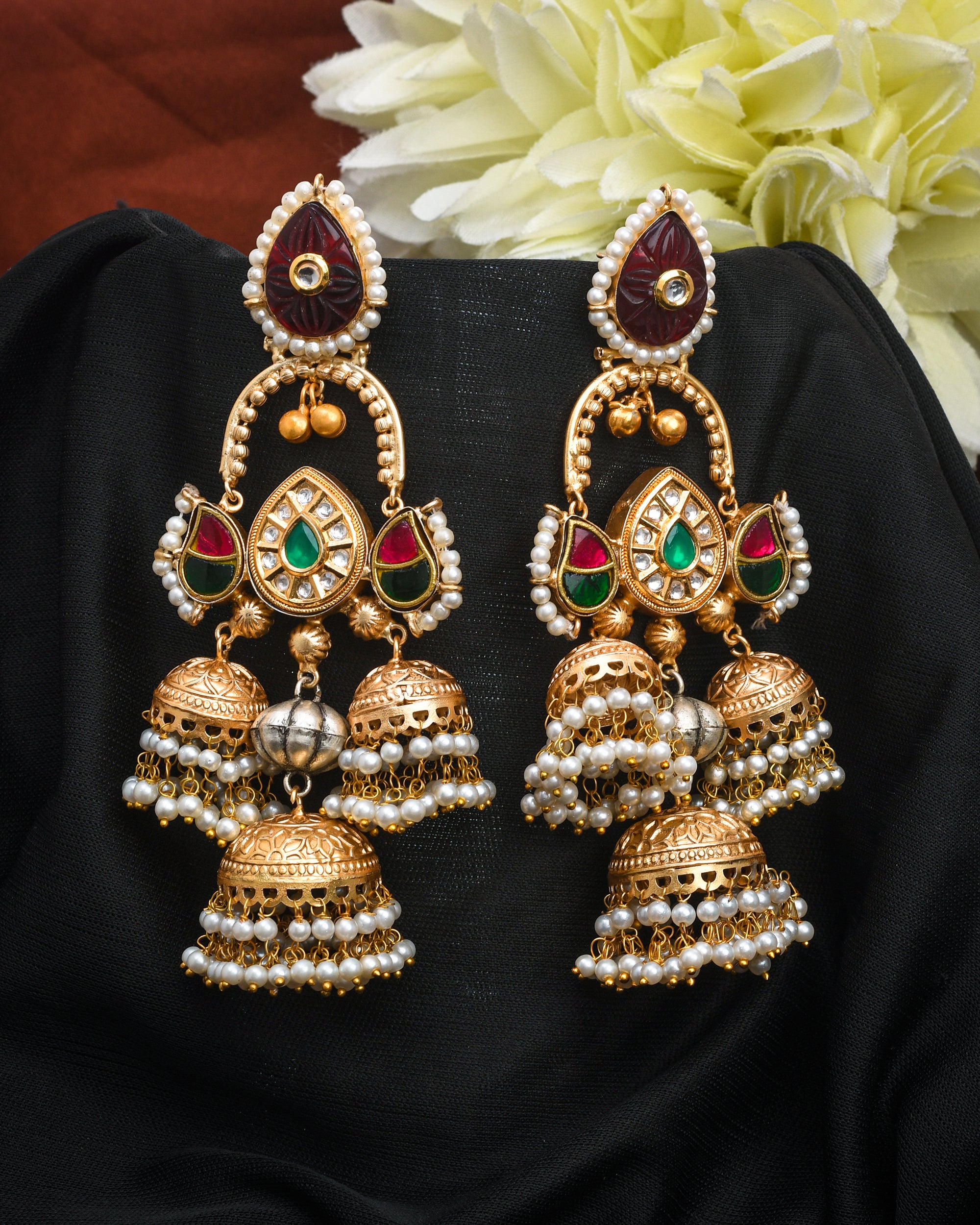 Gorgeous Antique Gold Red Color Caving Stone - Bras Kundan with Green Red White Glass Polky- Pearl Jhumka Earring.