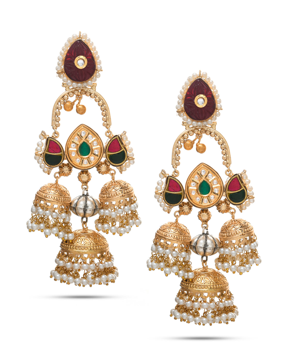Gorgeous Antique Gold Red Color Caving Stone - Bras Kundan with Green Red White Glass Polky- Pearl Jhumka Earring.