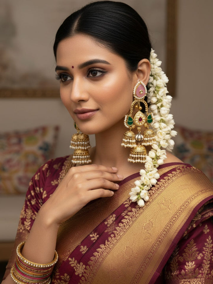 Gorgeous Antique Gold Pink Color Caving Stone -Multi Color Polky- Pearl Jhumka Earring.