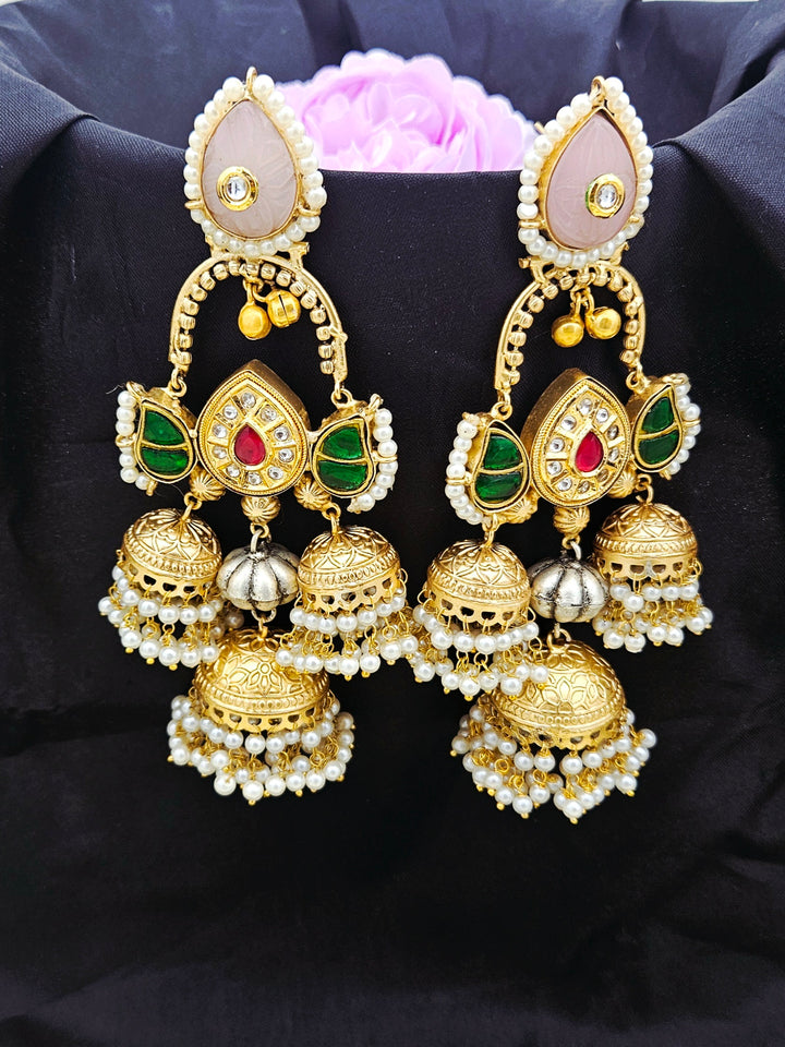 Gorgeous Antique Gold Pink Color Caving Stone -Multi Color Polky- Pearl Jhumka Earring.