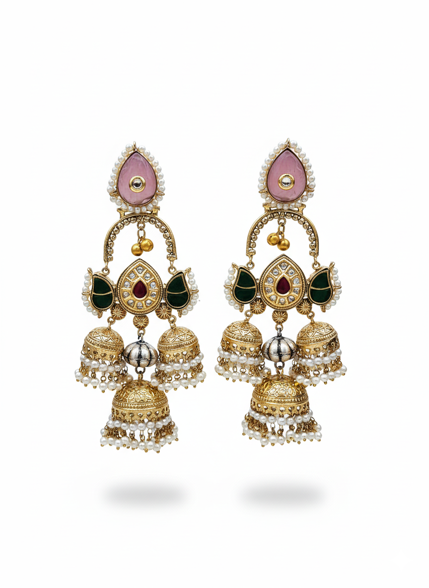 Gorgeous Antique Gold Pink Color Caving Stone -Multi Color Polky- Pearl Jhumka Earring.