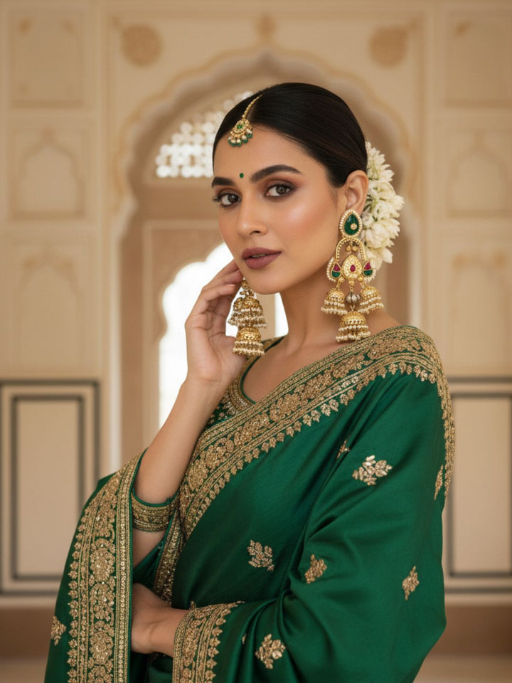 Gorgeous Antique Gold Green Color Caving Stone -Multi Color Polky- Pearl Jhumka Earring.