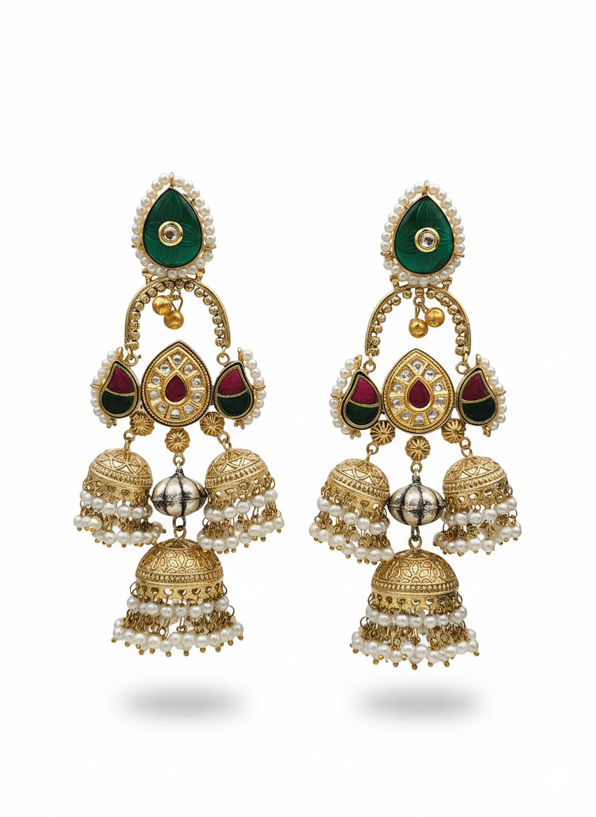 Gorgeous Antique Gold Green Color Caving Stone -Multi Color Polky- Pearl Jhumka Earring.
