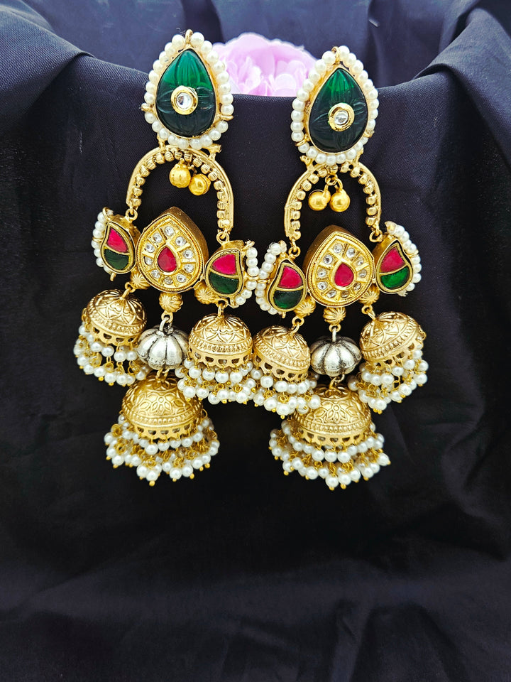 Gorgeous Antique Gold Green Color Caving Stone -Multi Color Polky- Pearl Jhumka Earring.