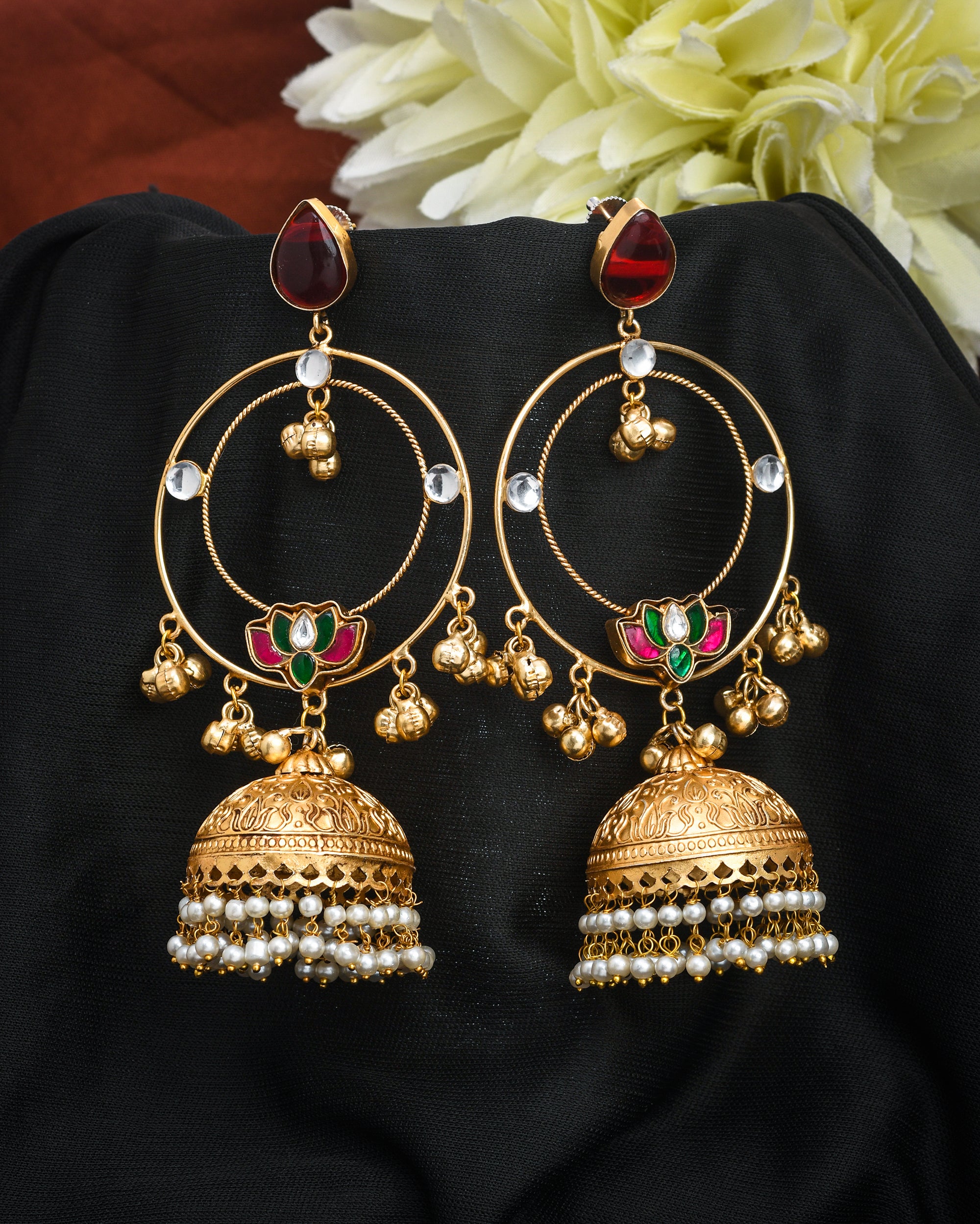 Gorgeous Antique Gold Red Color Stone with Red, Green & White Glass Motif-Synthetic Polky-Pearl Circular Designer Jhumka Earring