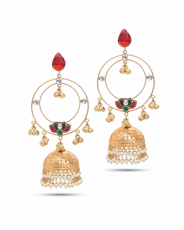 Gorgeous Antique Gold Red Color Stone with Red, Green & White Glass Motif-Synthetic Polky-Pearl Circular Designer Jhumka Earring