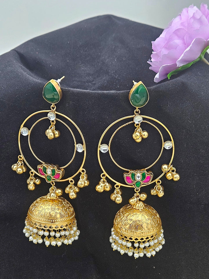 Gorgeous Antique Gold Green Color Stone with Red, Green & White Glass Motif-Synthetic Polky-Pearl Circular Designer Jhumka Earring