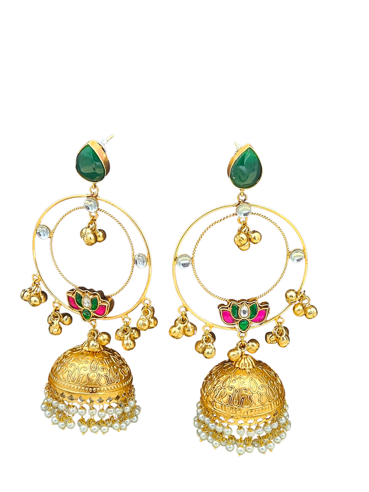 Gorgeous Antique Gold Green Color Stone with Red, Green & White Glass Motif-Synthetic Polky-Pearl Circular Designer Jhumka Earring