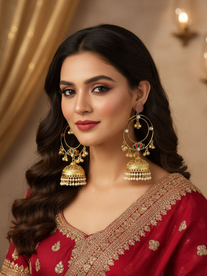 Gorgeous Antique Gold Pink Color Stone with Red & Green Glass Motif-Synthetic Polky-Pearl Circular Designer Jhumka Earring