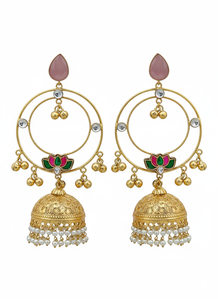 Gorgeous Antique Gold Pink Color Stone with Red & Green Glass Motif-Synthetic Polky-Pearl Circular Designer Jhumka Earring