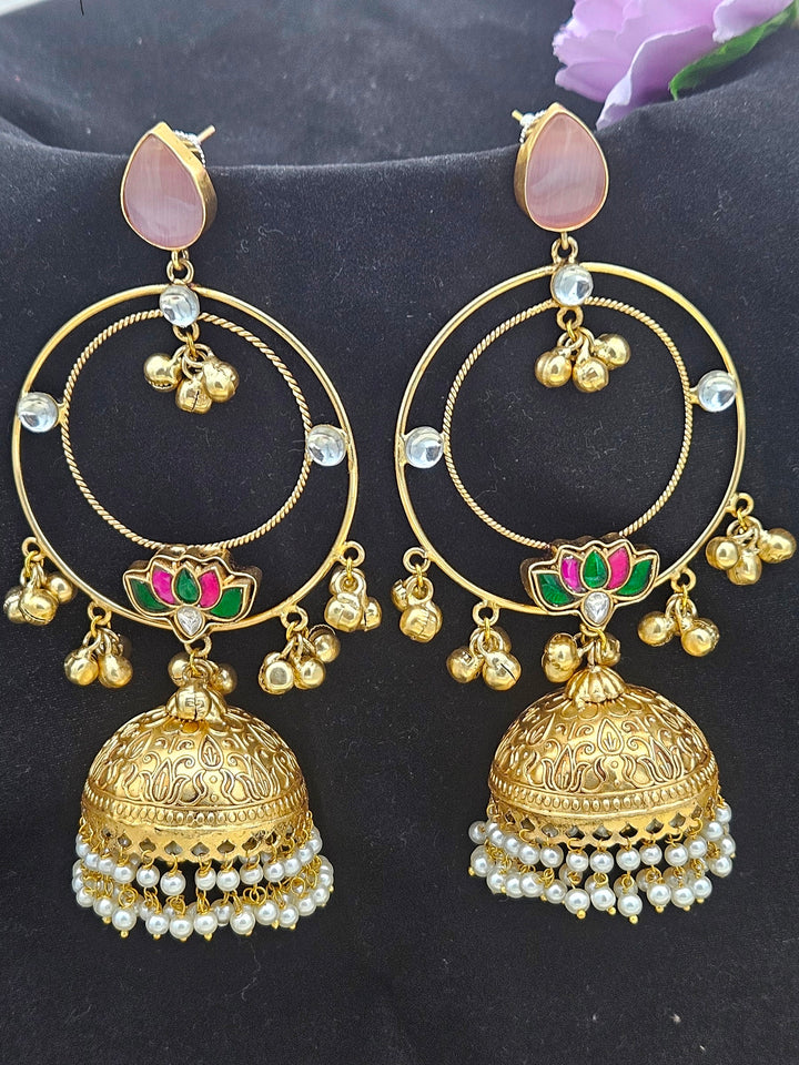 Gorgeous Antique Gold Pink Color Stone with Red & Green Glass Motif-Synthetic Polky-Pearl Circular Designer Jhumka Earring