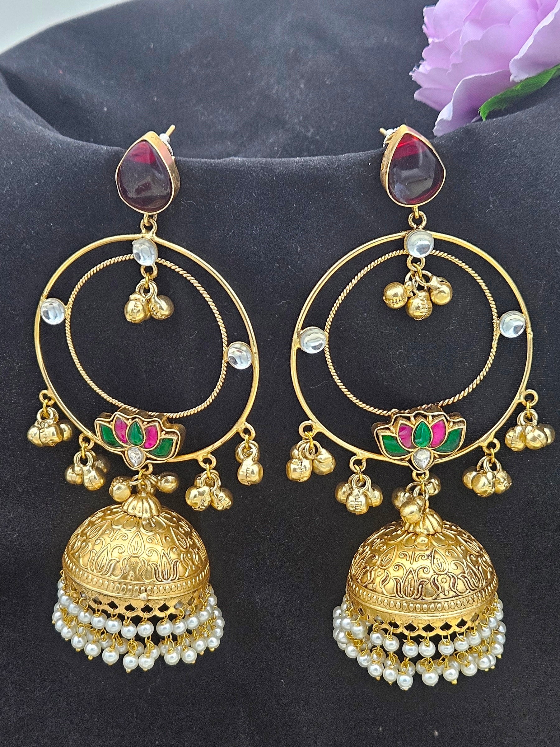 Gorgeous Antique Gold Red Color Stone with Red, Green & White Glass Motif-Synthetic Polky-Pearl Circular Designer Jhumka Earring