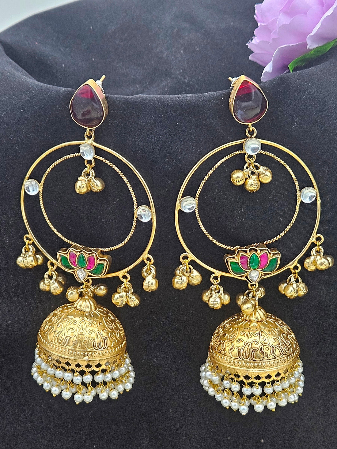 Gorgeous Antique Gold Red Color Stone with Red, Green & White Glass Motif-Synthetic Polky-Pearl Circular Designer Jhumka Earring