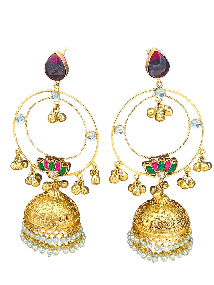 Gorgeous Antique Gold Red Color Stone with Red, Green & White Glass Motif-Synthetic Polky-Pearl Circular Designer Jhumka Earring