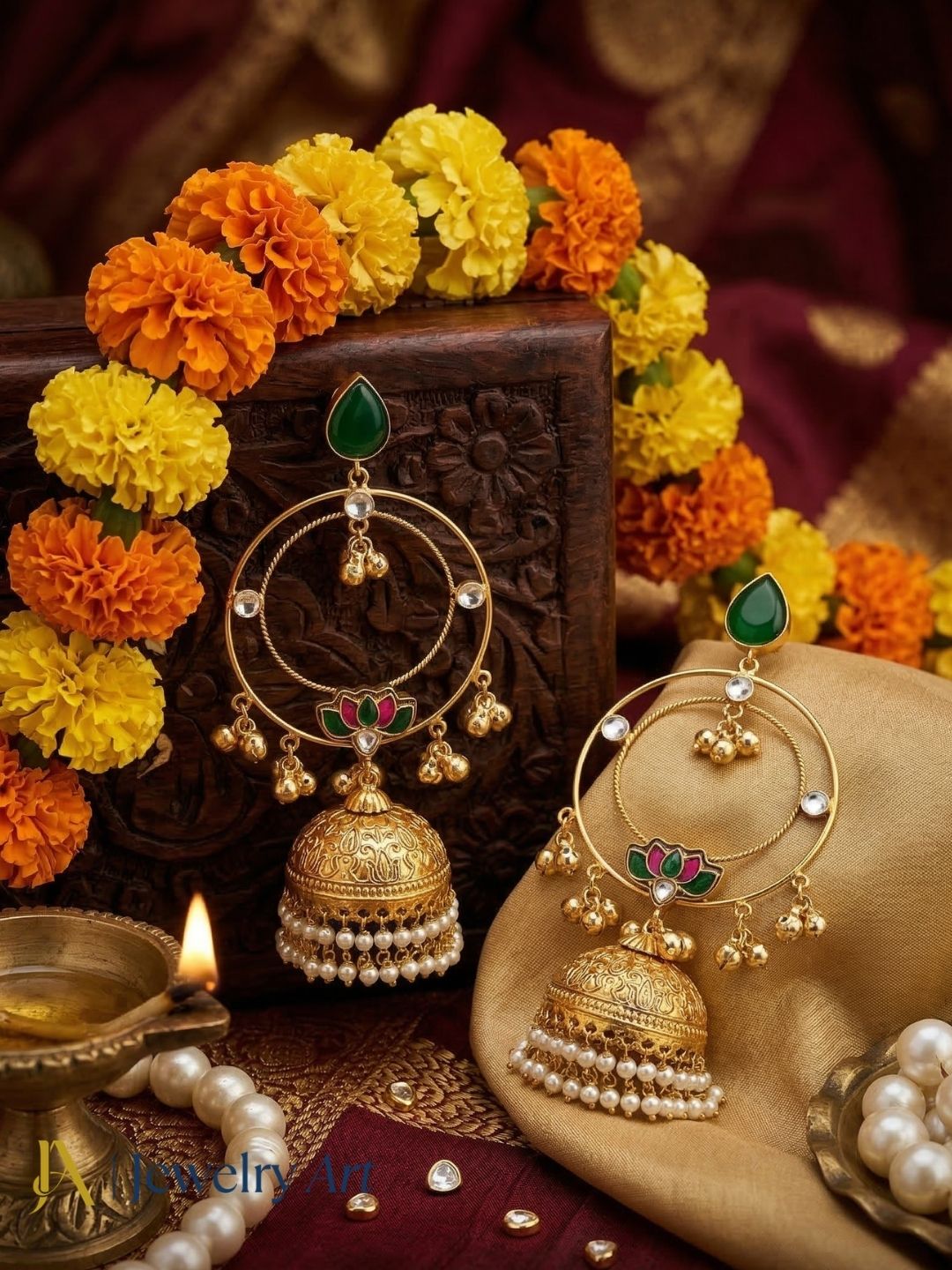 Traditional antique gold jhumka earrings with synthetic polky, green stone and pearl detailing
